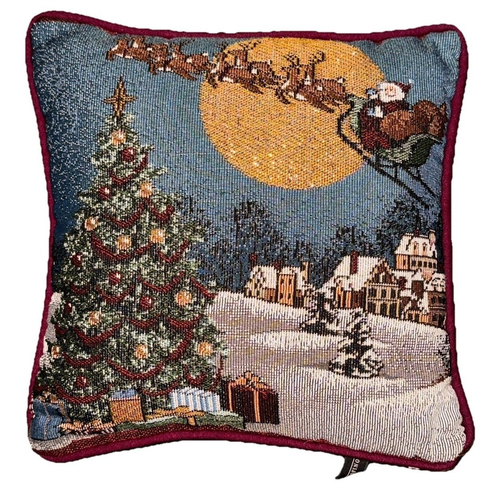 Portofino Tapestry Christmas Throw Pillow Santa Reindeer Gold Thread 12" Square